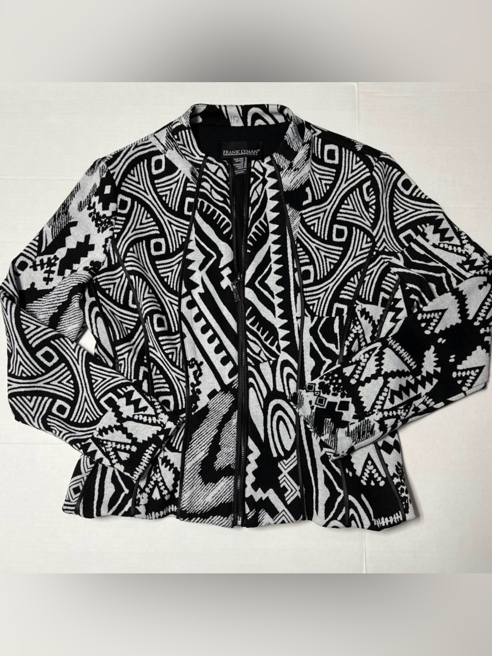 Frank Lyman Design Black White Ikat Faux Leather Knit Blazer Jacket Size 8 - Picture 10 of 16